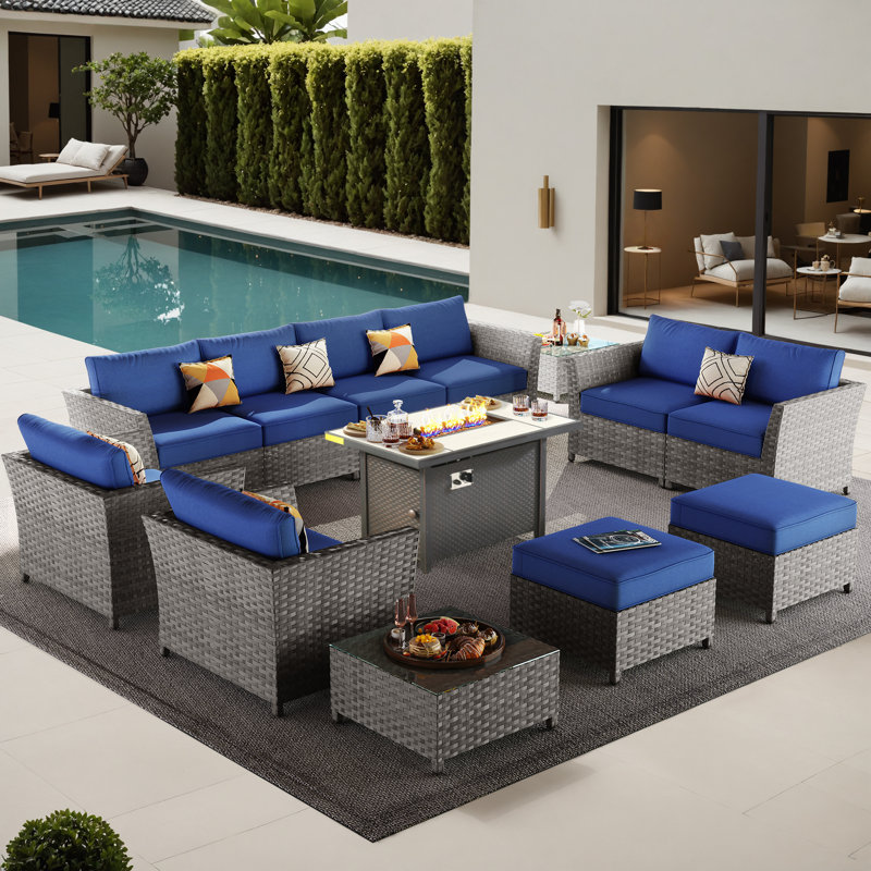 Cassville 8 - Person No Assembly Required Outdoor Conversation Set, Patio Wicker Sectional Seating Group with Cushions, All Weather Sofa Set with Optional Fire Pit Table for Garden Backyard