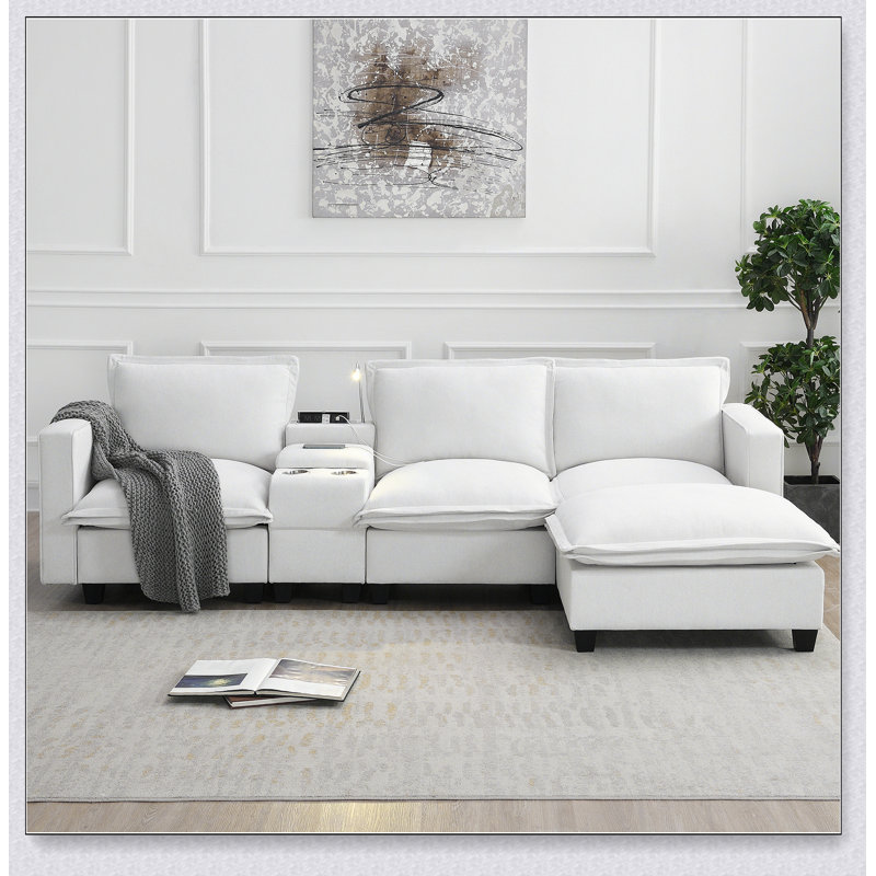 Canapé modulaire 109 "57" avec console Cloud, port de charge USB, lampe de lecture, porte-gobelet, Chenille beige