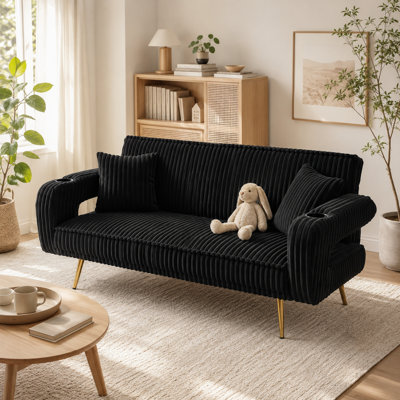 74" Retro-Modern Corduroy Lounge: 3-Seater Studio Silhouette Couch Sleeper Sofa Bed