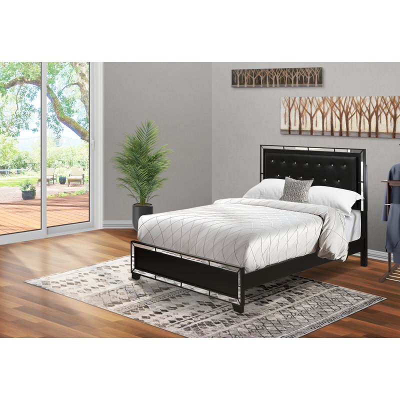 Base de lit plateforme Nella avec tête de lit capitonnée à boutons - Tête de lit en similicuir noir et pieds noirs - Grand