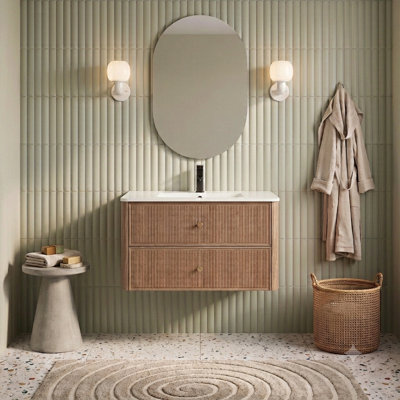 30" Wall Mounted Single Bathroom Vanity With Sink Top, Mid-Century Modern Fluted Wood Floating Vanity Cabinet with Curved Corners, 2 Soft-Close Drawers