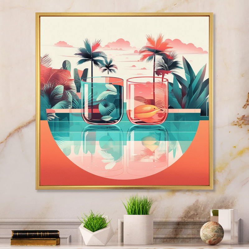 «Orange Green Tropical Drinks In Paradise», reproduction d'art sur toile, H 16 po x l 16 po x P 1 po, Cadre flottant doré