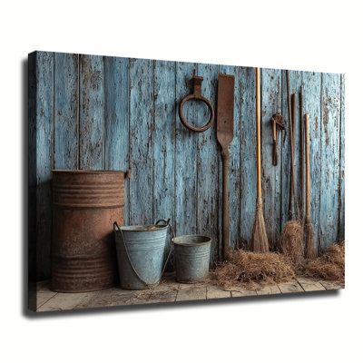 Outils de jardin de ferme rétro et seaux en métal rustique, nature morte, grande galerie d'art sur toile tendue pour salon chambre à coucher