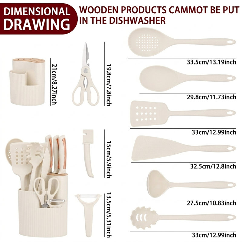 Ensemble de 15 couteaux de cuisine et ustensiles avec panier de rangement rotatif à 360 ° - Comprend des couteaux en acier inoxydable, des outils en silicone et un taille-crayon - Blanc