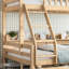 Lit simple superposé au dessus d'un lit double avec rangement, garde-corps courbés et tablettes latérales, structure en bois massif, aucun sommier nécessaire, finition naturelle-134275276-134275274