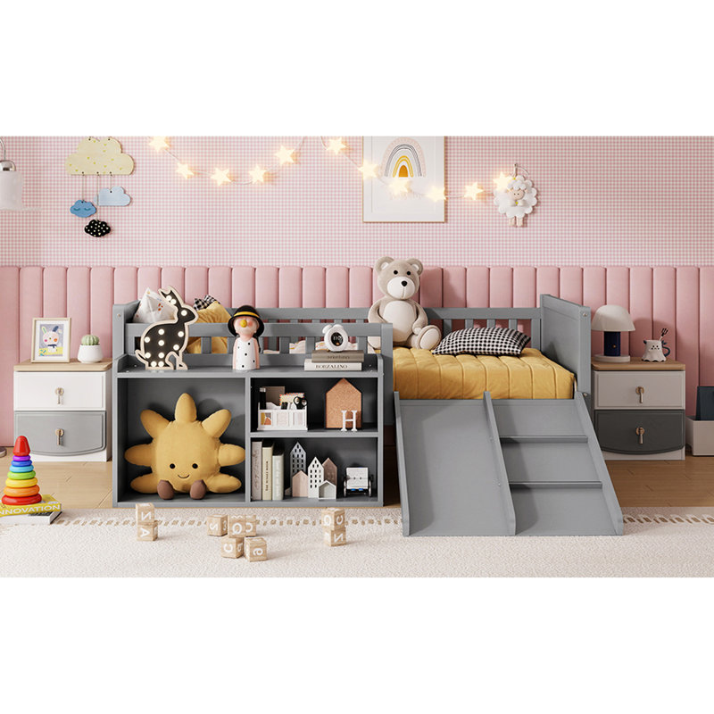 Lit mezzanine bas pour lit simple avec glissade, rangement mobile et bois massif gris, espace de sommeil agréable pour la chambre à coucher