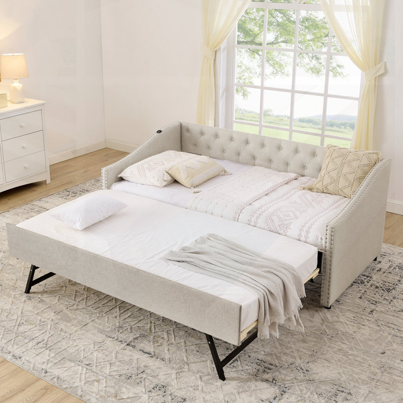 Lit de jour simple avec charge USB, lit escamotable extensible et conception élégante capitonnée pour une vie moderne, Beige
