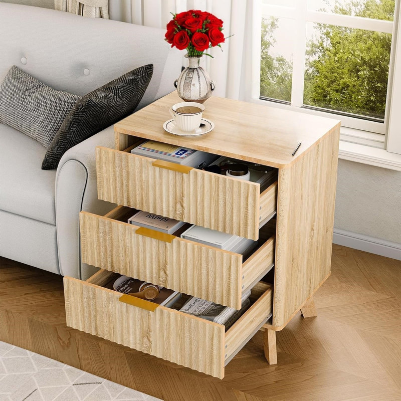 3-Drawers Wooden Nightstand, Spacious Storage Fluted Bedside & End Table for Bedroom Living Room, Beige