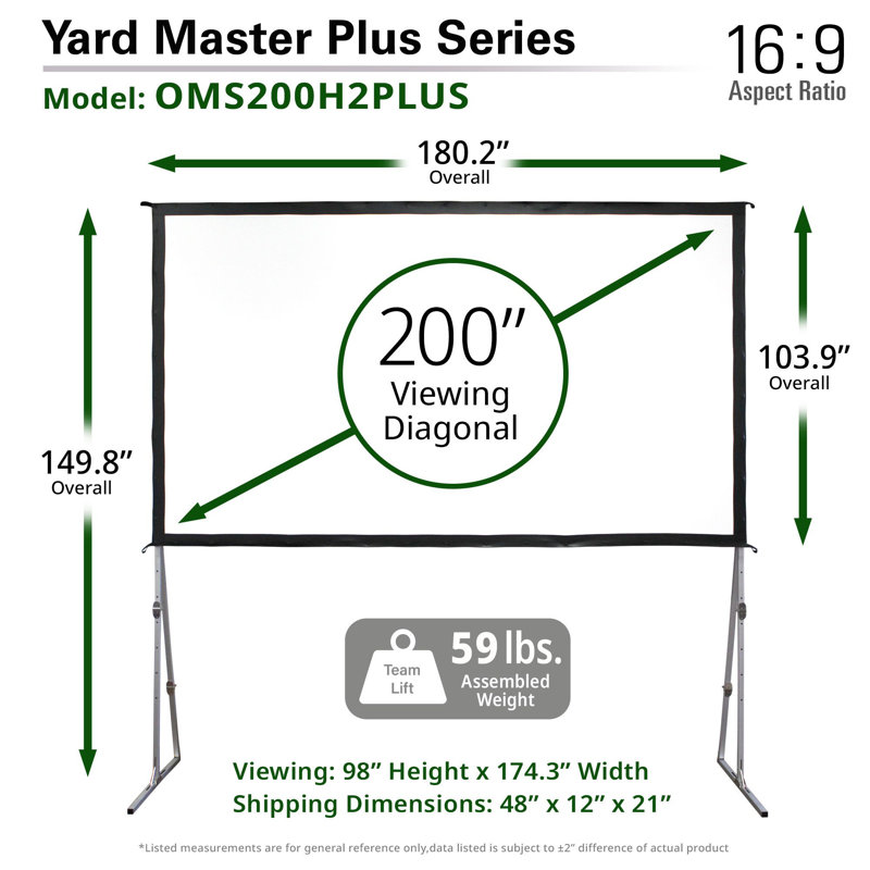 Yard Master Plus Series 49" x 87.1" Portable Folding Frame Projector Screen, 200''