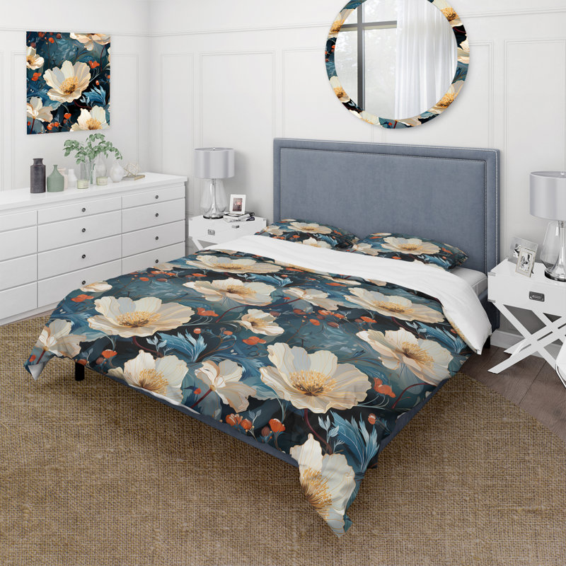 Élégant motif floral bleu - Ensemble de housse de couette floral, Housse de couette pour très grand lit et 2 très
