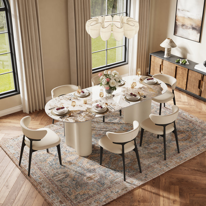 Sabo 6 - Person Faux Marble Top Dining Set, White/Beige/Cream
