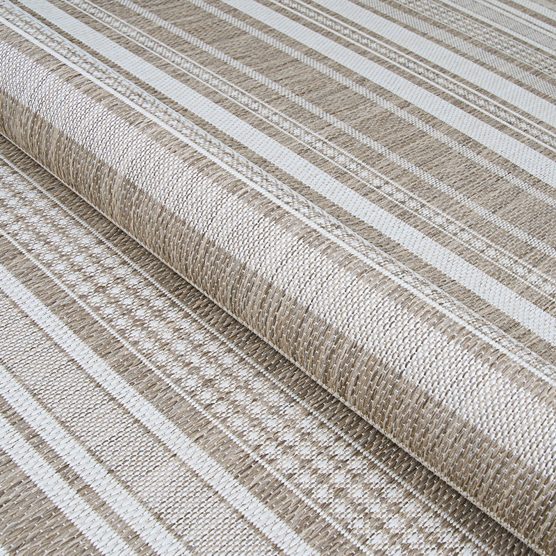 Tapis rayé intérieur / extérieur Sania, Champagne ivoire / taupe, Rond 8 pi 6 po