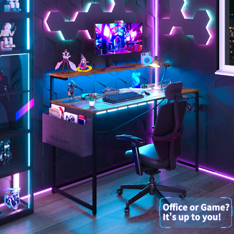 Computer Desk With Power Outlets Fast Charging Type-c Included, Gaming Desk With Led Lights, 47" Office Desk With Adjustable Monitor Stand, Small Desk Home Office Desks With Storage Bag & Hook