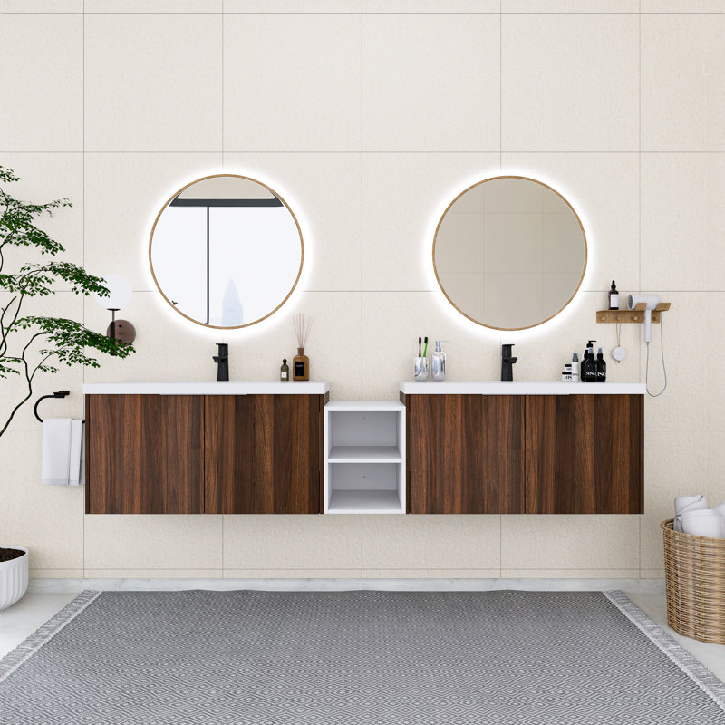 Meuble-lavabo flottant de 84 po avec petites tablettes de rangement, lavabo en résine intégré, armoire combinée 36 po et 12 po et 36 po, noyer californien