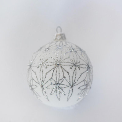 Sparkly Silver Pattern On White Ball Ornament