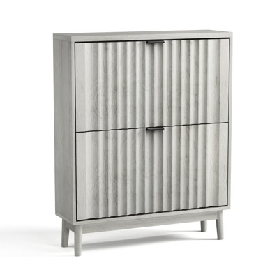 Armoire à chaussures grise avec 2 tiroirs rabattables pour le couloir, design moderne, beaucoup de rangement, portes ondulées de qualité en panneau de particules cannelé, compartiments spacieux, chaussures différentes, décor décontracté approprié, fait