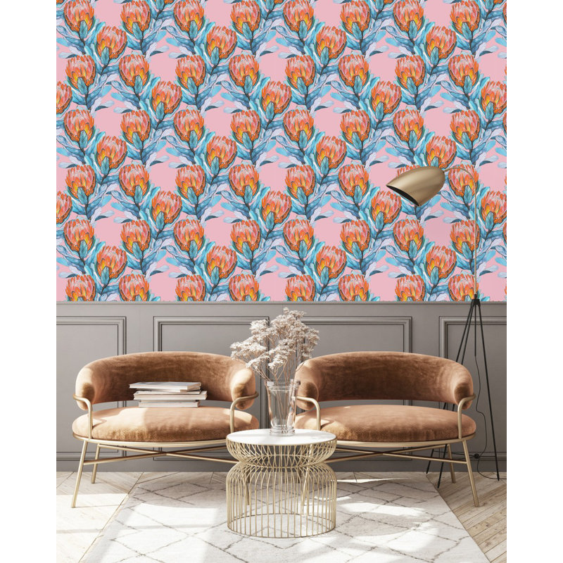 Protea sur papier peint rose, L 124,8 po x l 25 po