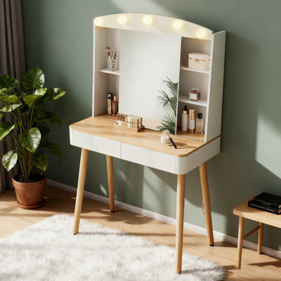 Vanity Desk With 3 Lighting Colors Sliding Mirror, 2 Fluted Drawers And Open Storage Compartments
