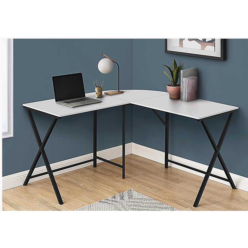 Bureau d'ordinateur, bureau personnel, coin, L 55 po, forme en L, travail, ordinateur portable, stratifié blanc, métal noir, contemporain, moderne