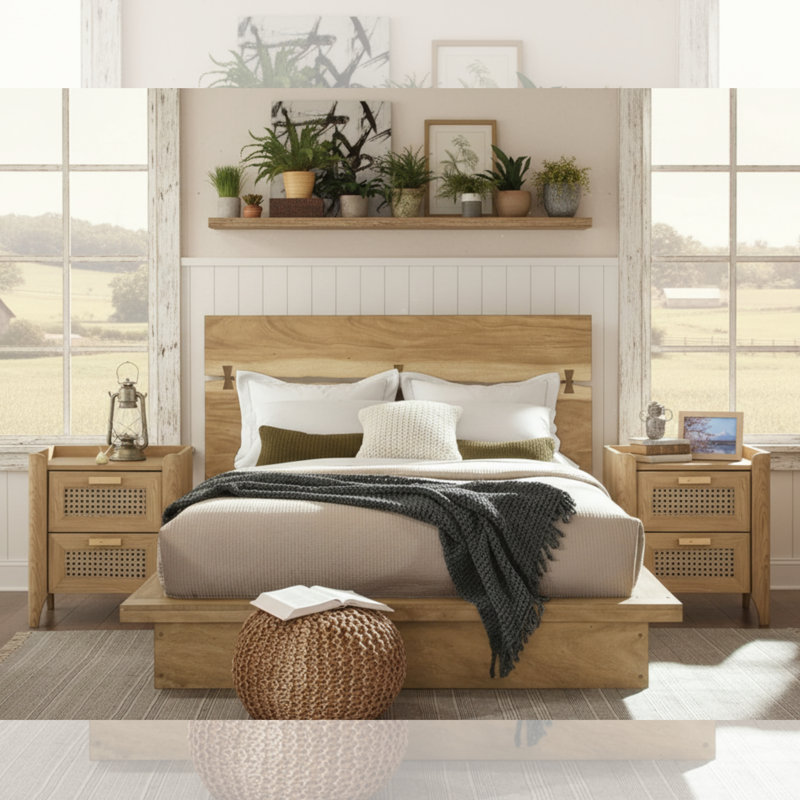   Rattan-Inspired 2 Drawer Nightstand with Charging Station, Bedside Table with Drawers, Night Stand for Bedroom, End Table or Side Table for Living Room, 15.5" D x 18.9" W x 21.7" H, Oak