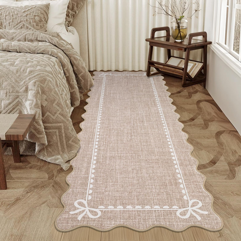 Scalloped Bow Washable Rug for Nursery Bedroom and Hallway, Tan, Runner 2'6" x 8'
