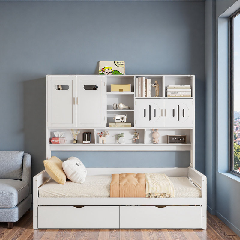 Lit de jour tout-en-un en bois avec 2 tiroirs, armoires et tablettes, Lit simple, Blanc