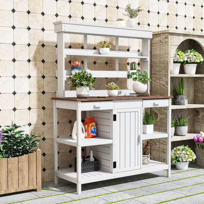 Banc d'extérieur en bois 66 po avec tablettes de rangement, 2 tiroirs et armoire, Blanc