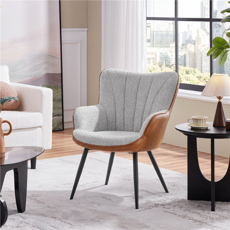 Bakhyt 25" Wide Upholstered Curved Back Armchair, Black, Gray/Retro Brown Boucle