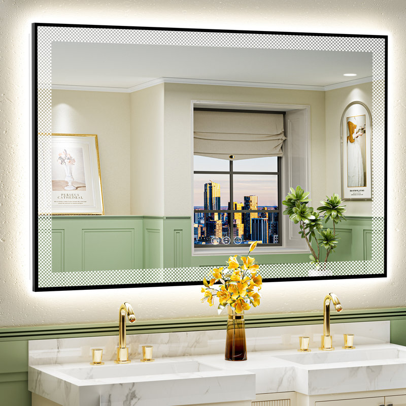 Miroir de salle de bain à cadre noir à DEL avec éclairage avant et rétroéclairé, miroir de meuble-lavabo éclairé pour le mur, double éclairage 3 couleurs à intensité variable, antibuée, verre trempé incassable (horizontal / vertical)