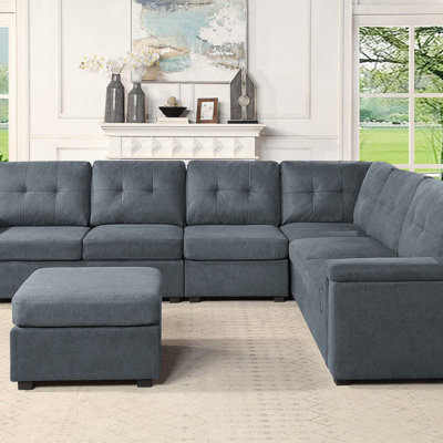 Canapé modulaire en tissu tissé 7 places avec repose-pieds