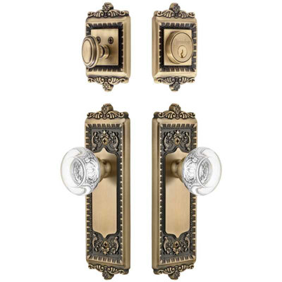 Grandeur Windsor Long Plate Entry Set with Bordeaux Crystal Knob in Timeless Bronze