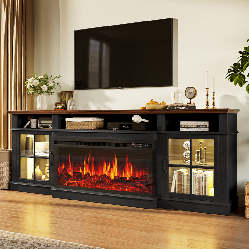 80" Electric Fireplace TV Stand – 12 Color Flame & LED, 2 Heat Settings, Adjustable Temperature, Fits TVs Up to 90", Black