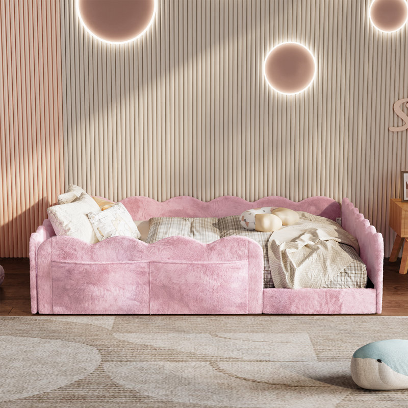 Lit pleine grandeur pour enfant rembourré avec tissu moelleux, garde-corps rembourrés, poches de rangement latérales, base de lit Montessori à profil bas, rose