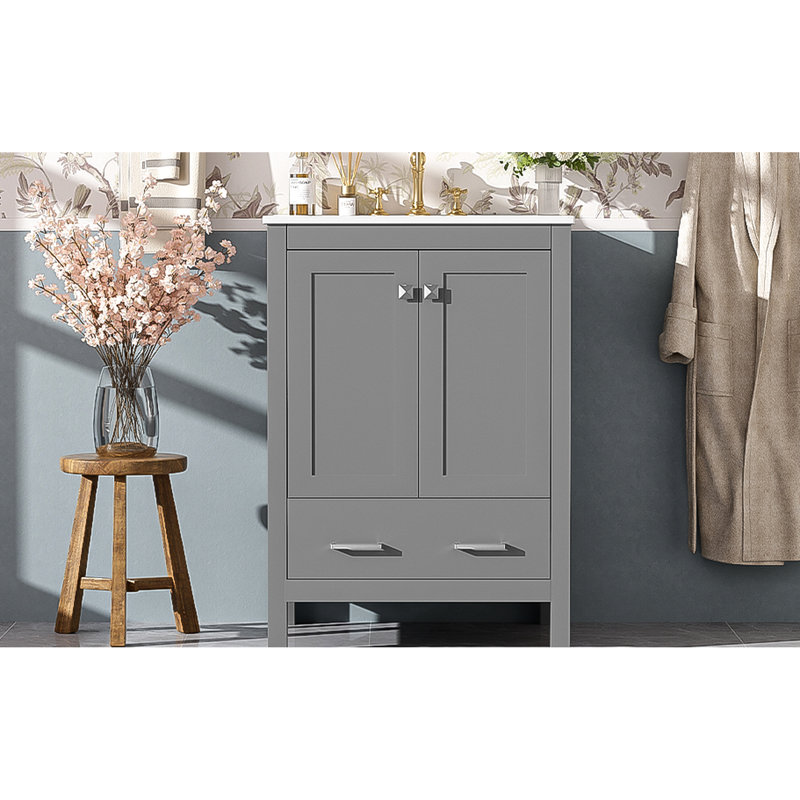 Meuble-lavabo gris 24 po avec lavabo sous comptoir, tablette double couche et portes en céramique de 24 po faciles d'accès pour la plomberie, patins de protection