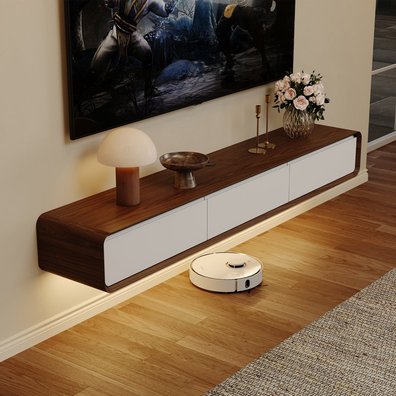 Floating TV Stand, Entertainment Center With LED Light, Solid Wood, Fully-Assembled, 9.84" H x 79" L x 14.57" W, Brown/White