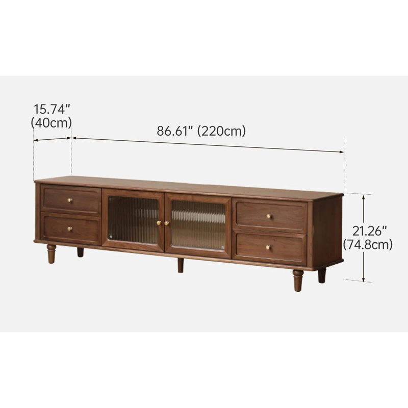 86.6"W Solid Walnut Modern Traditional TV Stand, 86.6"L