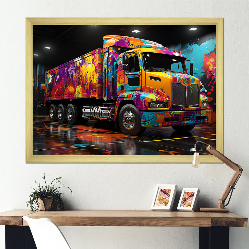 Street Art Semi Trailer Truck sur toile, Cadre doré simple, H 12 po x l 20 po x P 1 po