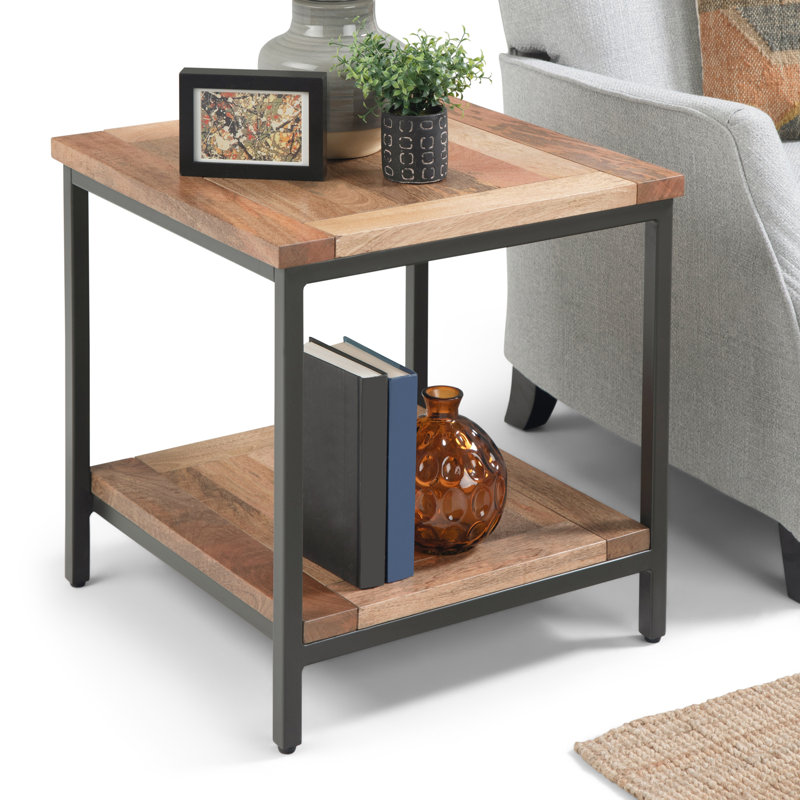 Skyler Natural Mango Wood and Metal Square End Table with Shelf
