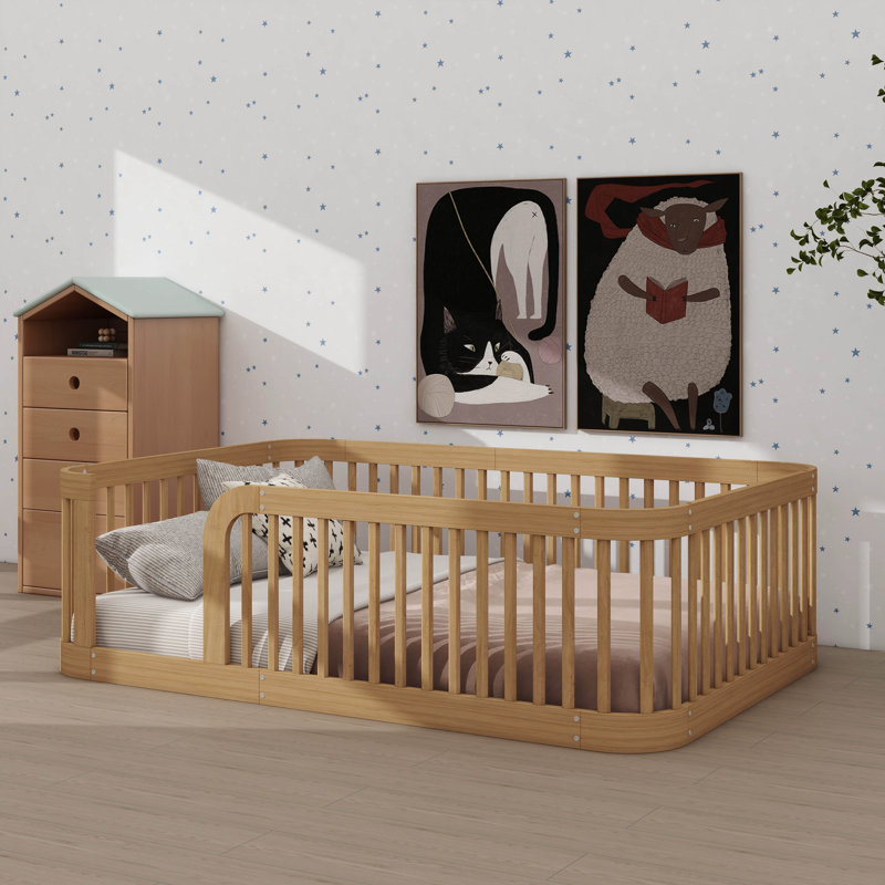 Base de lit double Montessori, avec barrière de sécurité, Naturel