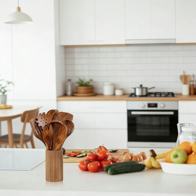 Ensemble d'ustensiles en bois de teck 10 pièces pour la cuisine - Outils de cuisine résistants à la chaleur avec spatule, louche et cuillères - Coffre-fort pour casseroles antiadhésives et batterie de cuisine sans égratignures