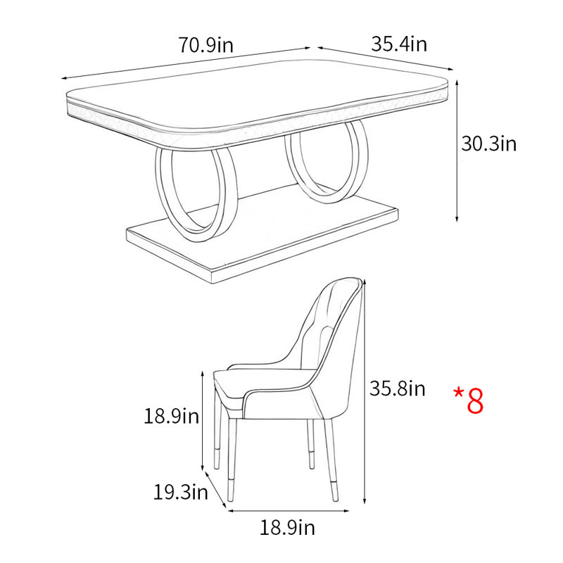 Ensemble de table de salle à manger rectangulaire de luxe de style italien, Blanc / gris