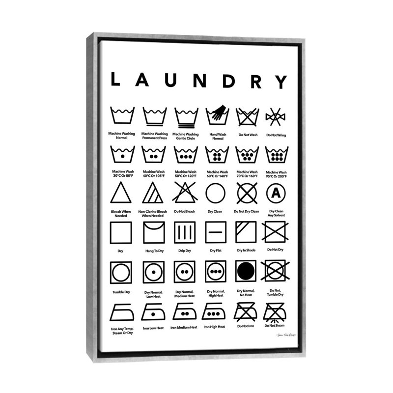 «Laundry Symbols» par Seven Trees Design - impression d'art textuel, Pas de tapis, 60" H x 40" W x1.5" D, Silver Frame