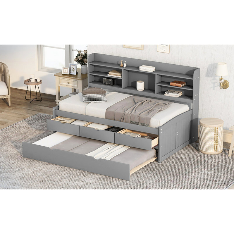 Lit simple en bois avec tablettes de rangement intégrées, 3 compartiments de rangement et gigogne en gris, Gris
