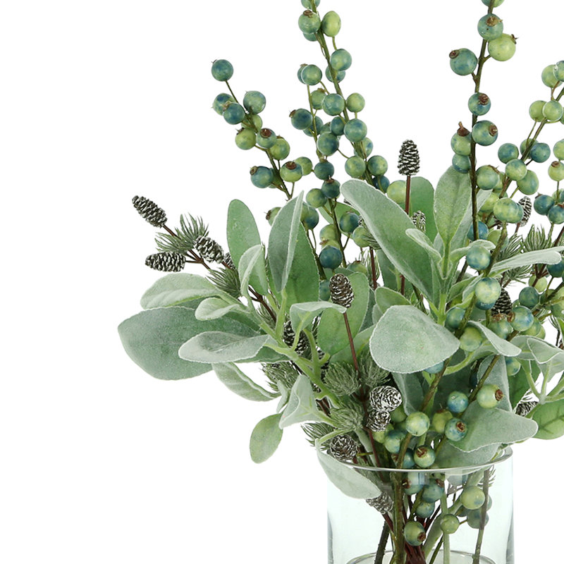 Lamb''s Ear Holiday Arrangement With Pinecones And Berries In A Glass Vase
