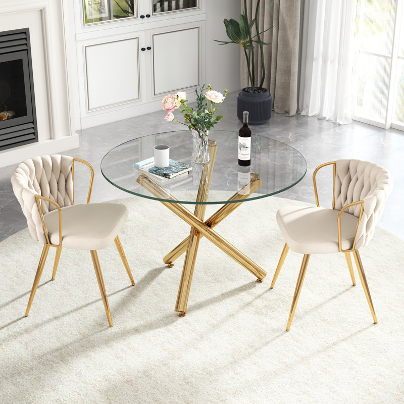Ensemble de table de salle à manger Elegant, Beige, 3 pièces: table, 2 chaises, Doré