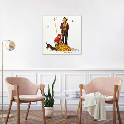 Grandpa And Me: Raking Leaves by Norman Rockwell - Wrapped Canvas Painting