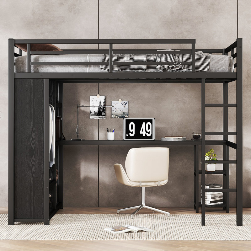 Structure de lit mezzanine pleine grandeur en métal avec garde-robe intégrée, bureau et tablettes de rangement pour la chambre à coucher, conception peu encombrante