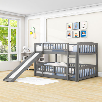 Wood Bunk Bed With Slide And Guardrails