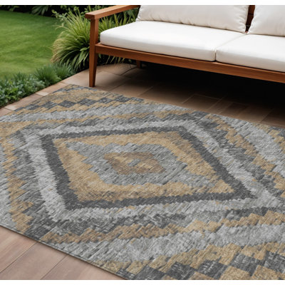 Tapis intérieur/extérieur lavable kaki et gris à motif aztèque 3 m x 4,2 m