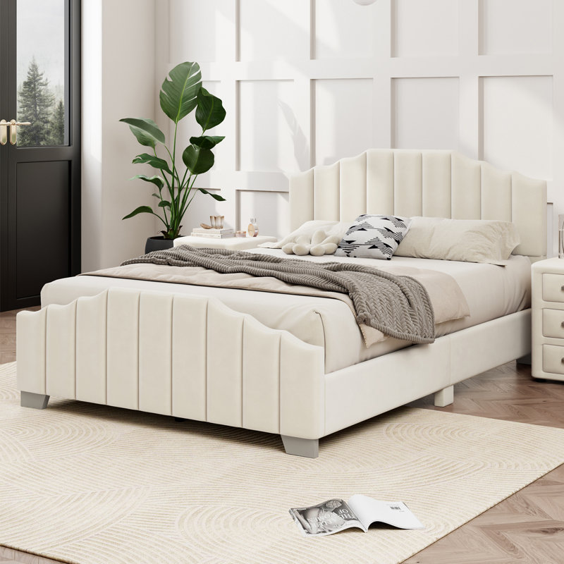 Lit plateforme, cadre rembourré en velours, tête et pied de lit capitonnés, sans sommier, Beige, Double